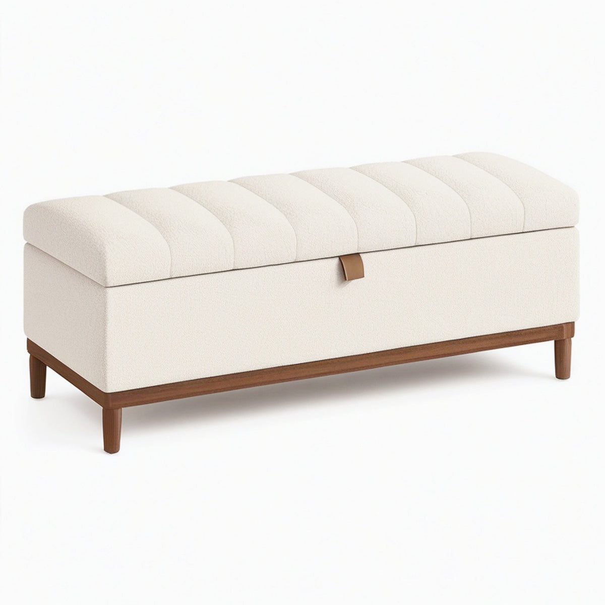 Banc coffre de rangement 120 cm en tissu bouclette écru et bois style contemporain