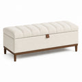 Banc coffre de rangement 120 cm en tissu bouclette écru et bois style contemporain