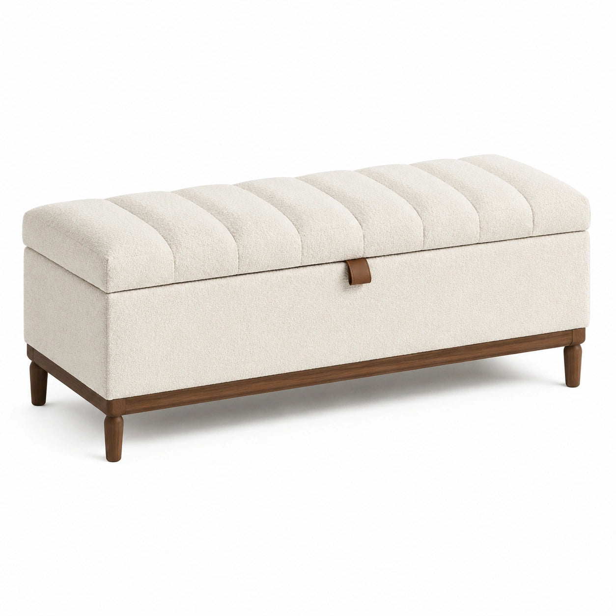 Banc coffre de rangement 120 cm en tissu bouclette écru et bois style contemporain