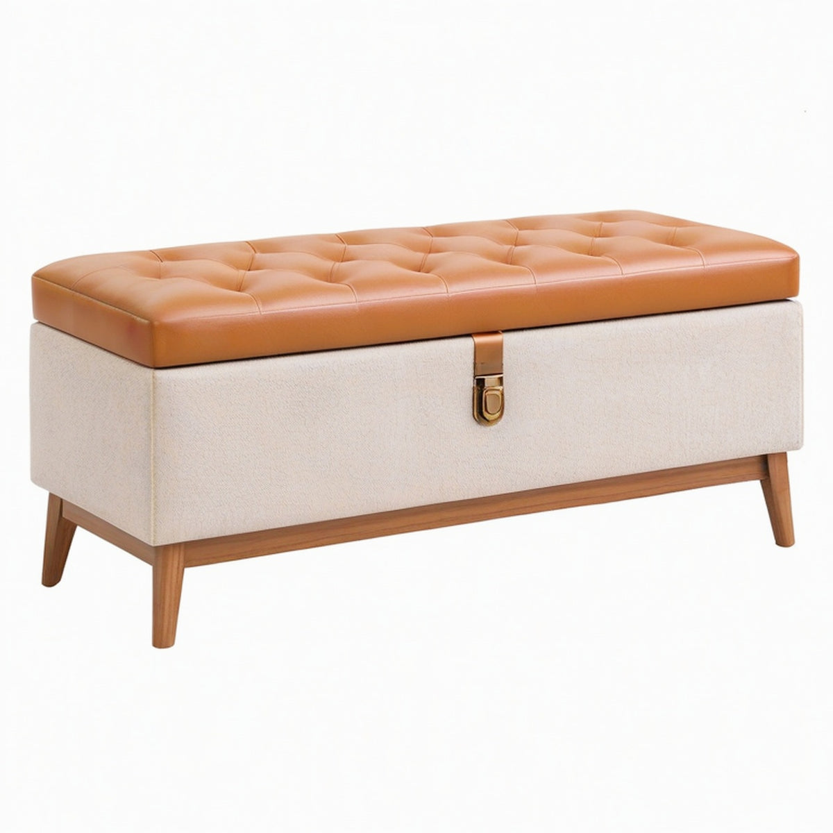 Banc coffre 110 x 40 x 48 cm en tissu beige et aspect cuir cognac style vintage