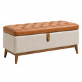 Banc coffre 110 x 40 x 48 cm en tissu beige et aspect cuir cognac style vintage