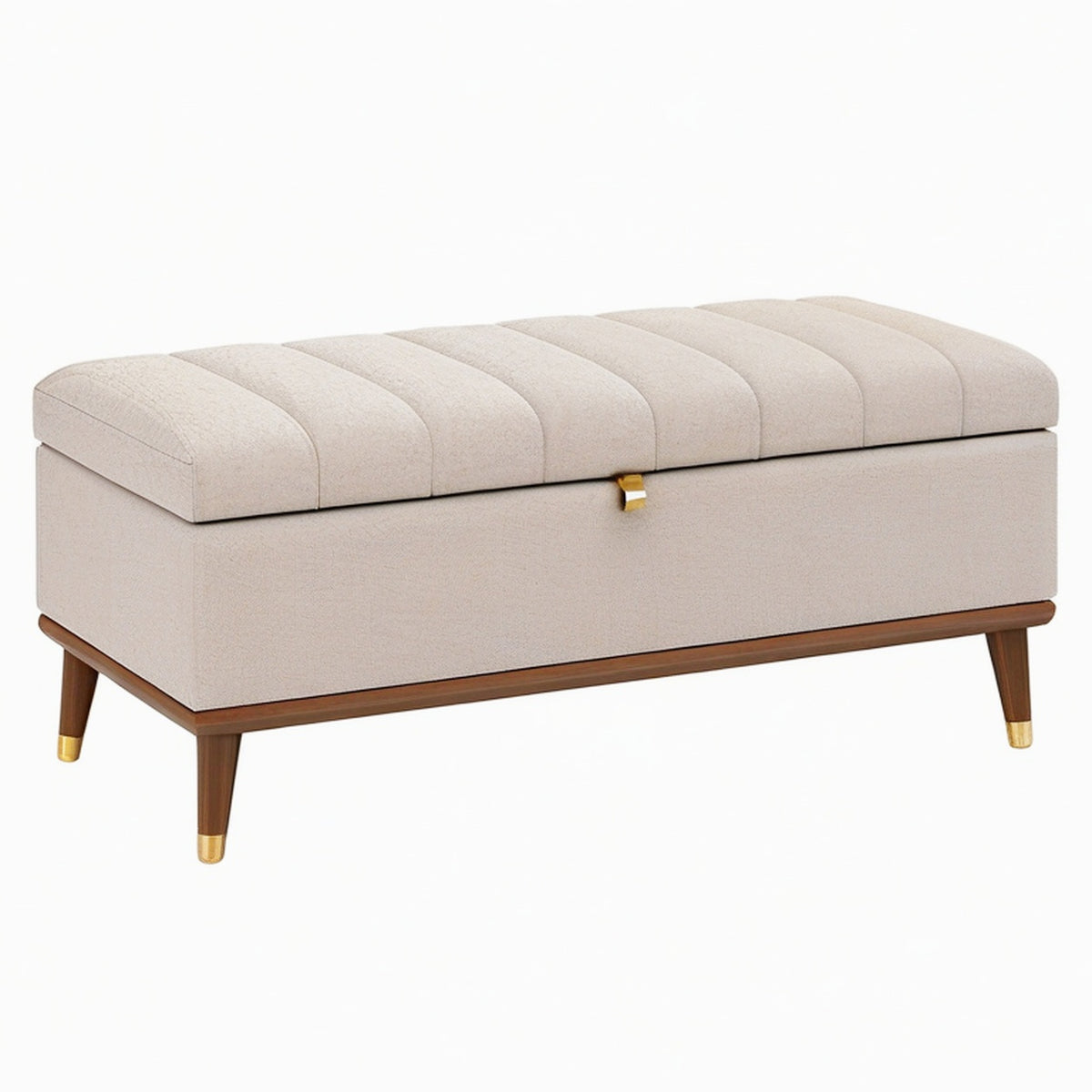 Banc coffre 120 x 45 x 48 cm en tissu beige avec pieds en bois - rangement capitonné