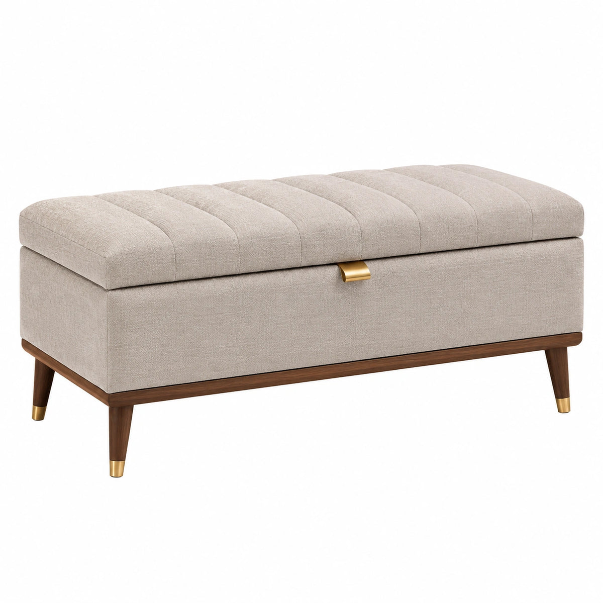 Banc coffre 120 x 45 x 48 cm en tissu beige avec pieds en bois - rangement capitonné