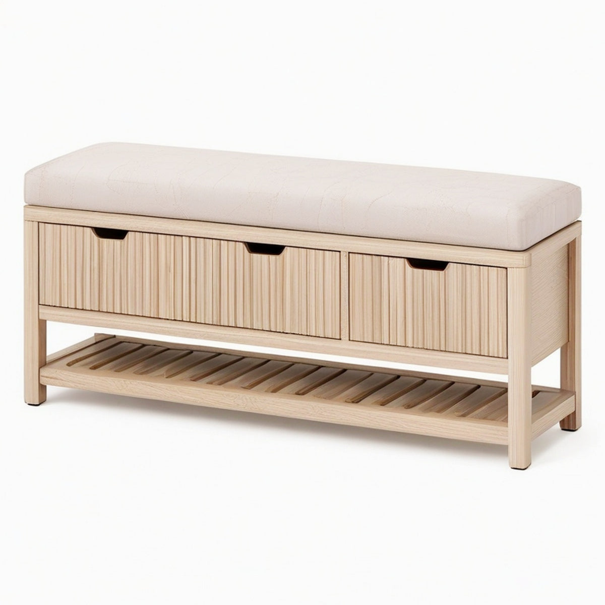 Banc de rangement 120 x 40 x 50 cm en bois beige avec assise rembourrée style naturel