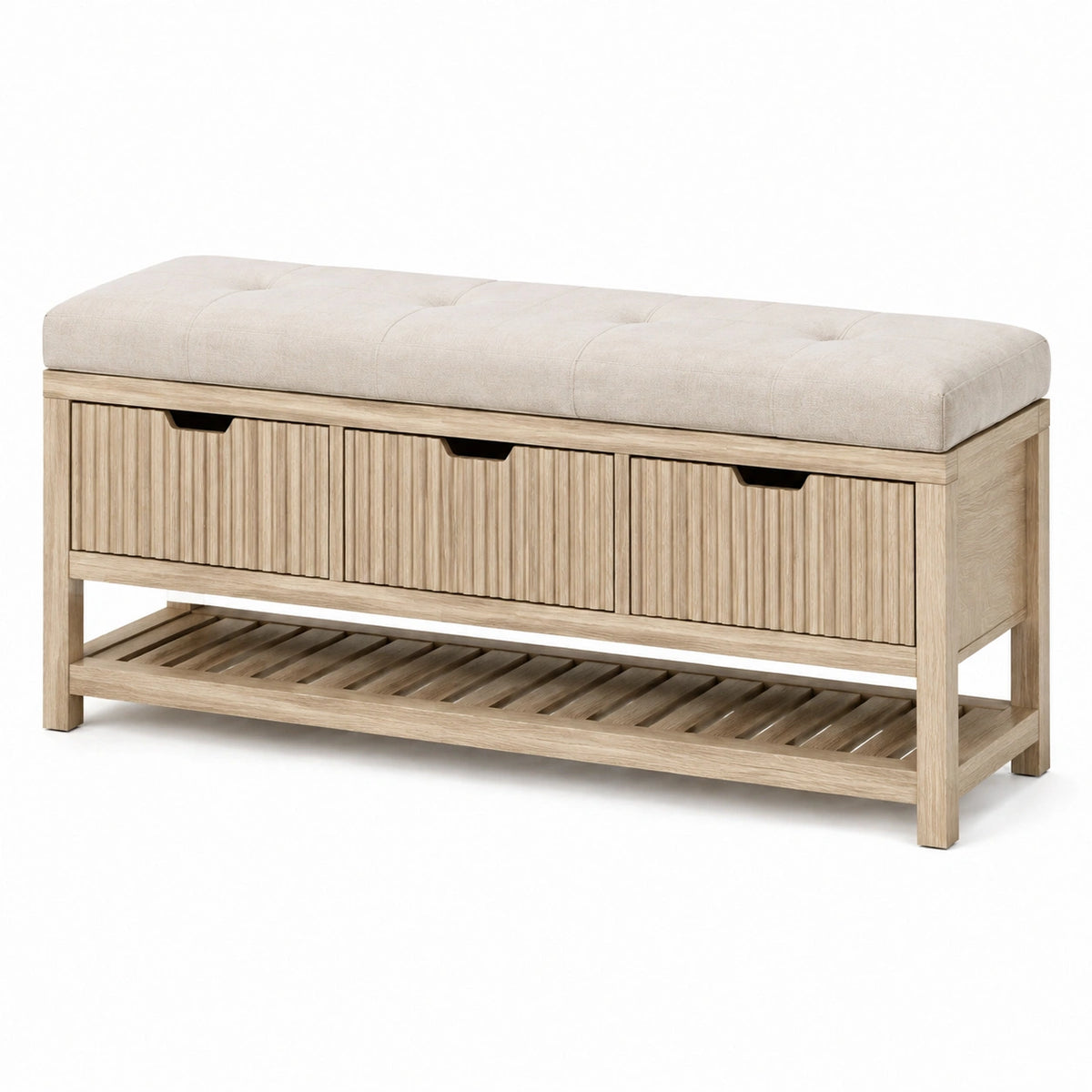 Banc de rangement 120 x 40 x 50 cm en bois beige avec assise rembourrée style naturel