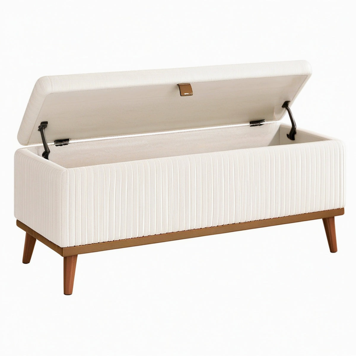 Banc coffre 100 x 40 x 50 cm en tissu crème avec pieds en bois rangement intégré