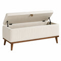Banc coffre 100 x 40 x 50 cm en tissu crème avec pieds en bois rangement intégré