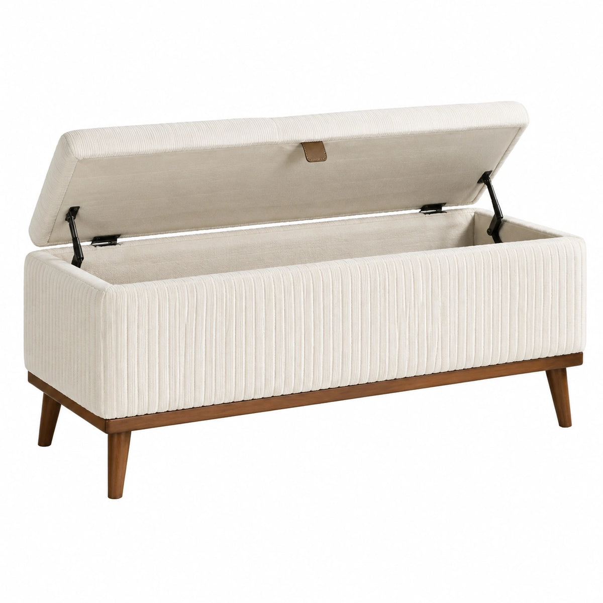Banc coffre 100 x 40 x 50 cm en tissu crème avec pieds en bois rangement intégré