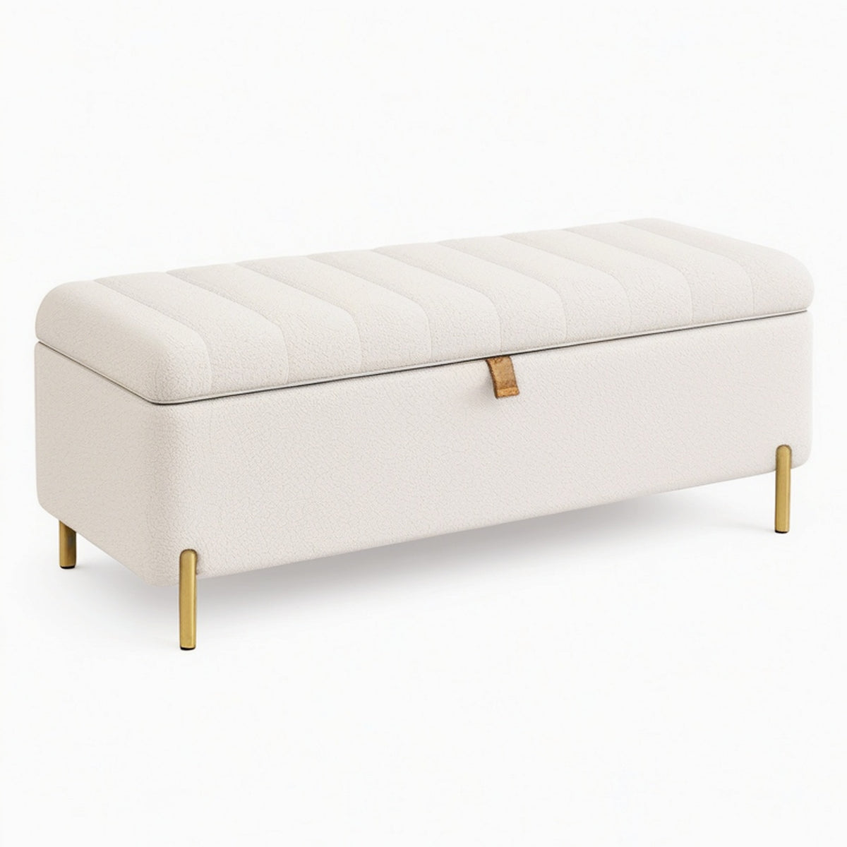 Banc coffre 120 x 45 x 46 cm en tissu bouclette écru avec pieds métalliques dorés