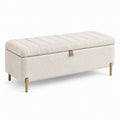 Banc coffre 120 x 45 x 46 cm en tissu bouclette écru avec pieds métalliques dorés