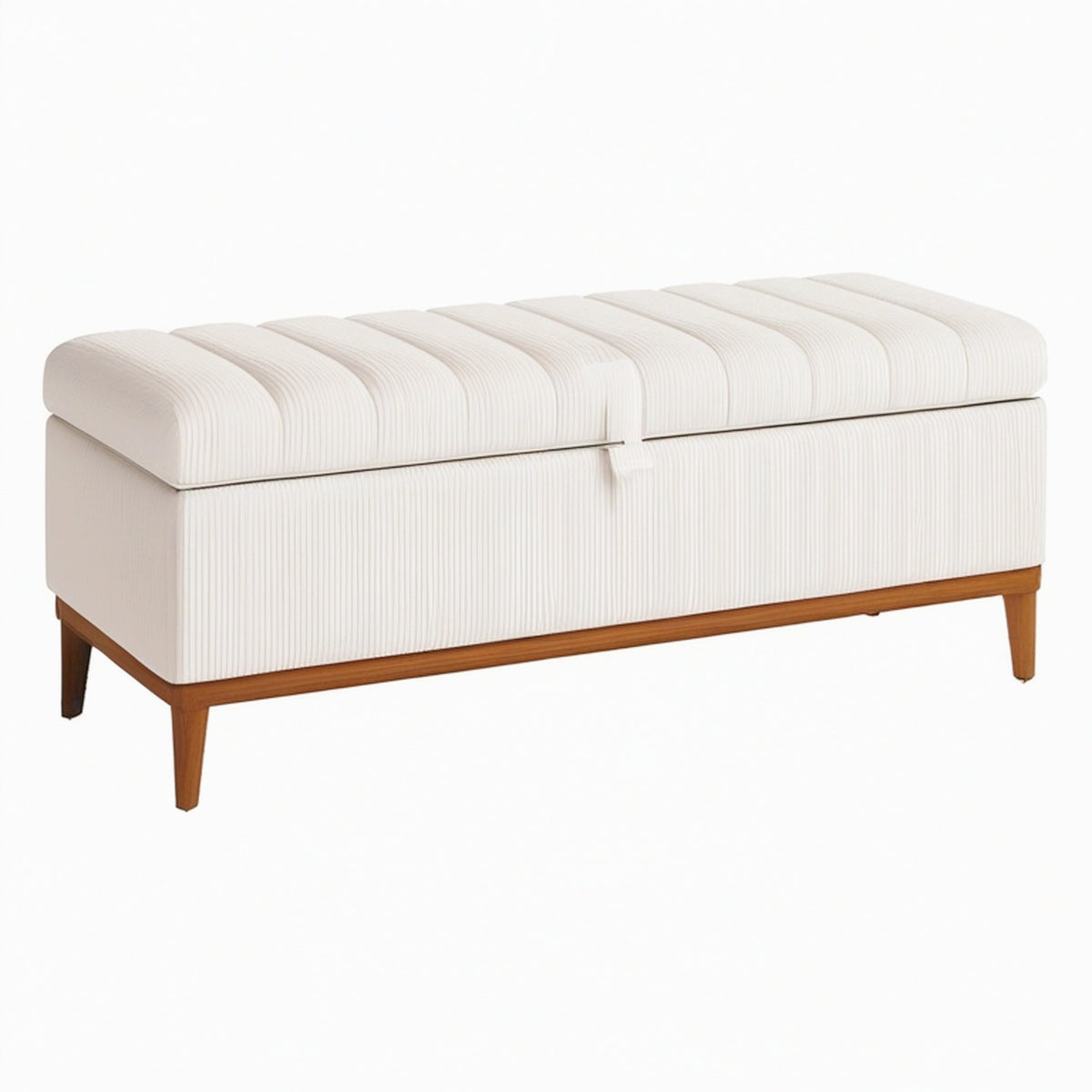 Banc coffre 110 x 45 x 50 cm en tissu côtelé écru avec pieds en bois - rangement style contemporain