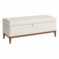 Banc coffre 110 x 45 x 50 cm en tissu côtelé écru avec pieds en bois - rangement style contemporain