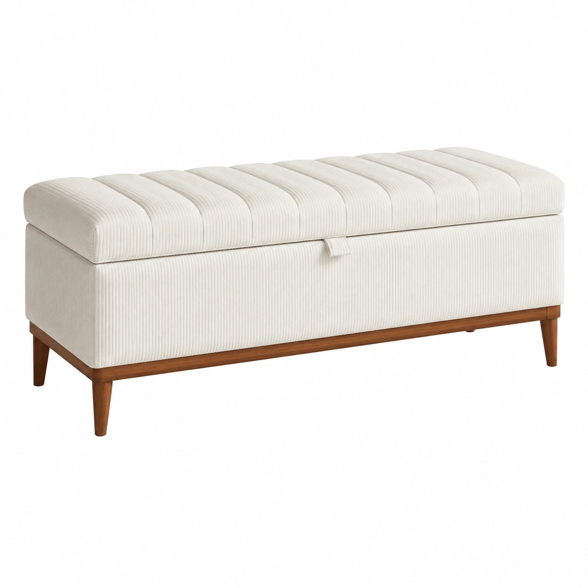 Banc coffre 110 x 45 x 50 cm en tissu côtelé écru avec pieds en bois - rangement style contemporain