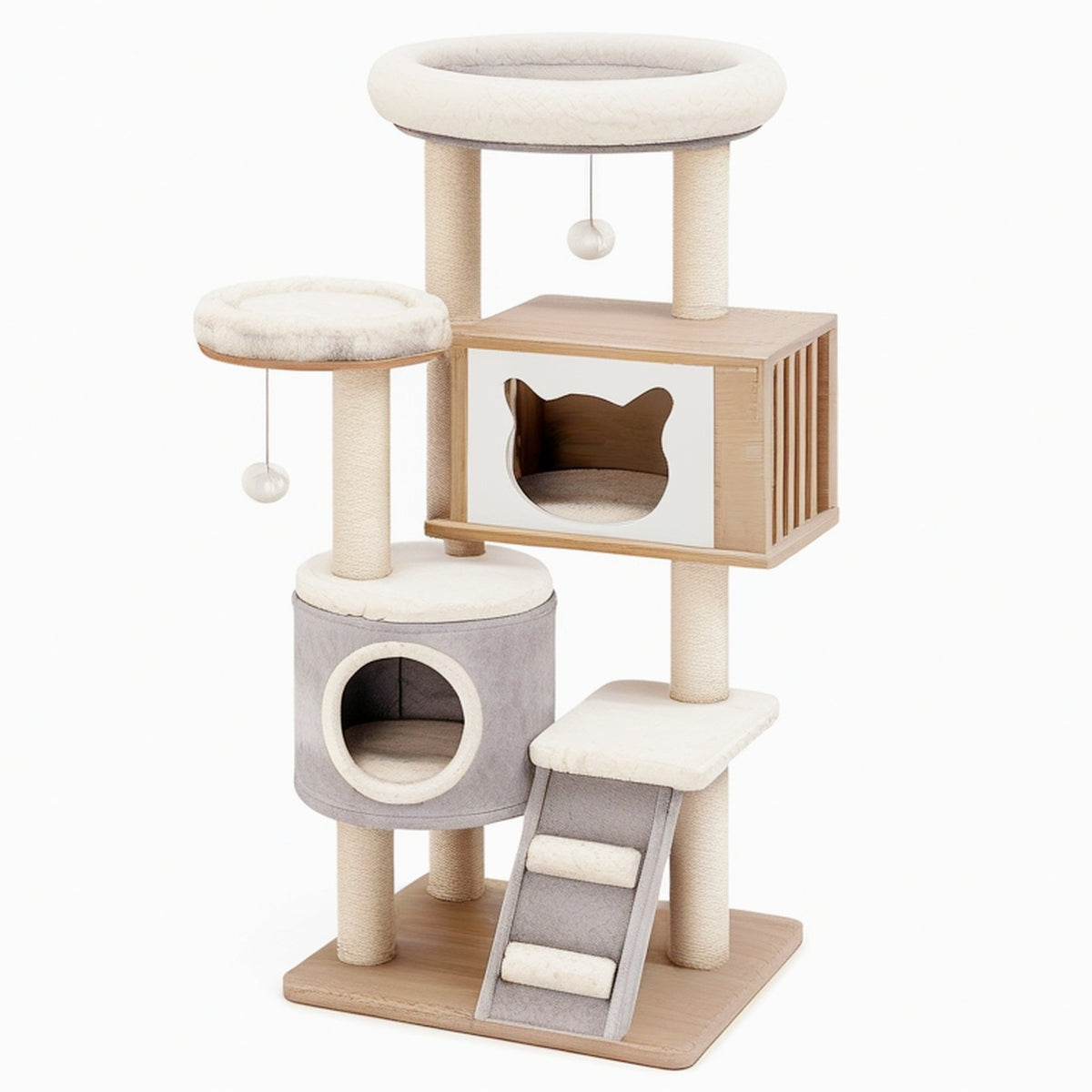 Arbre à chat 60 x 60 x 155 cm en bois beige et gris avec griffoirs en sisal et niches