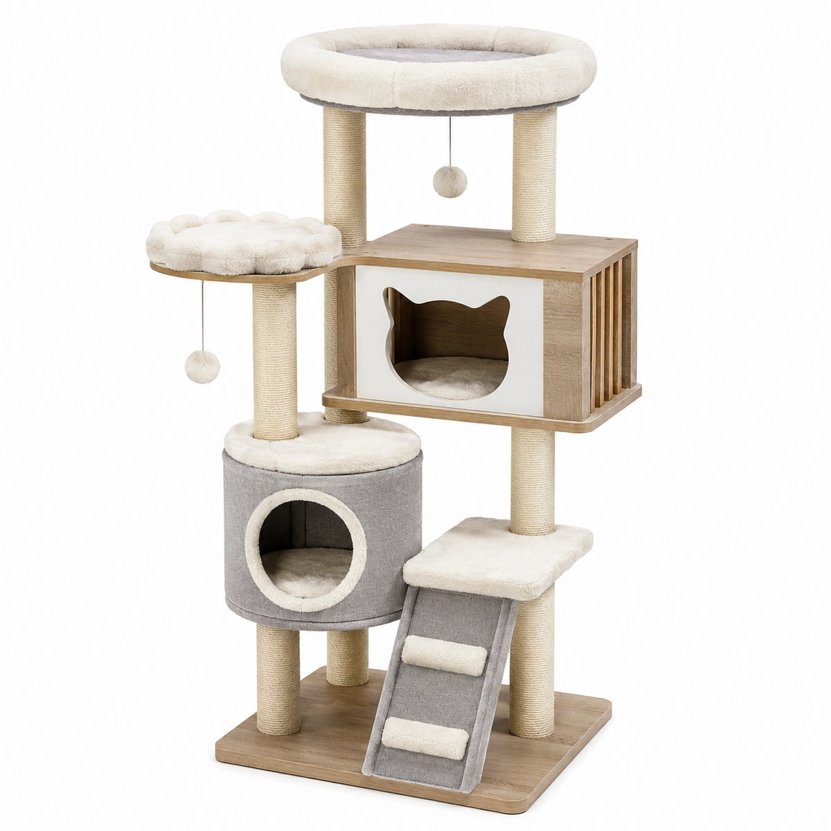 Arbre à chat 60 x 60 x 155 cm en bois beige et gris avec griffoirs en sisal et niches