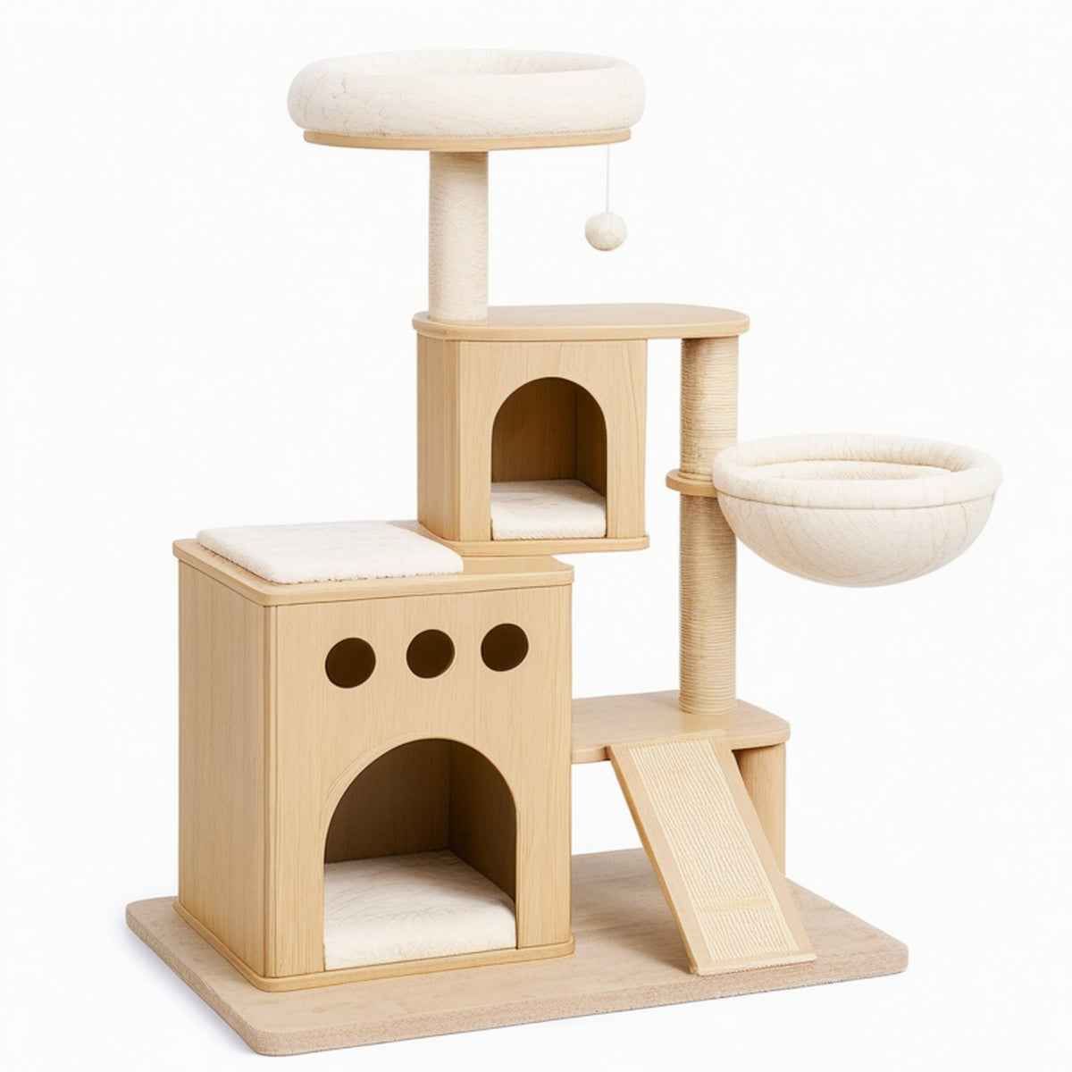 Arbre à chat 110 x 60 x 150 cm en bois beige avec griffoirs et niches