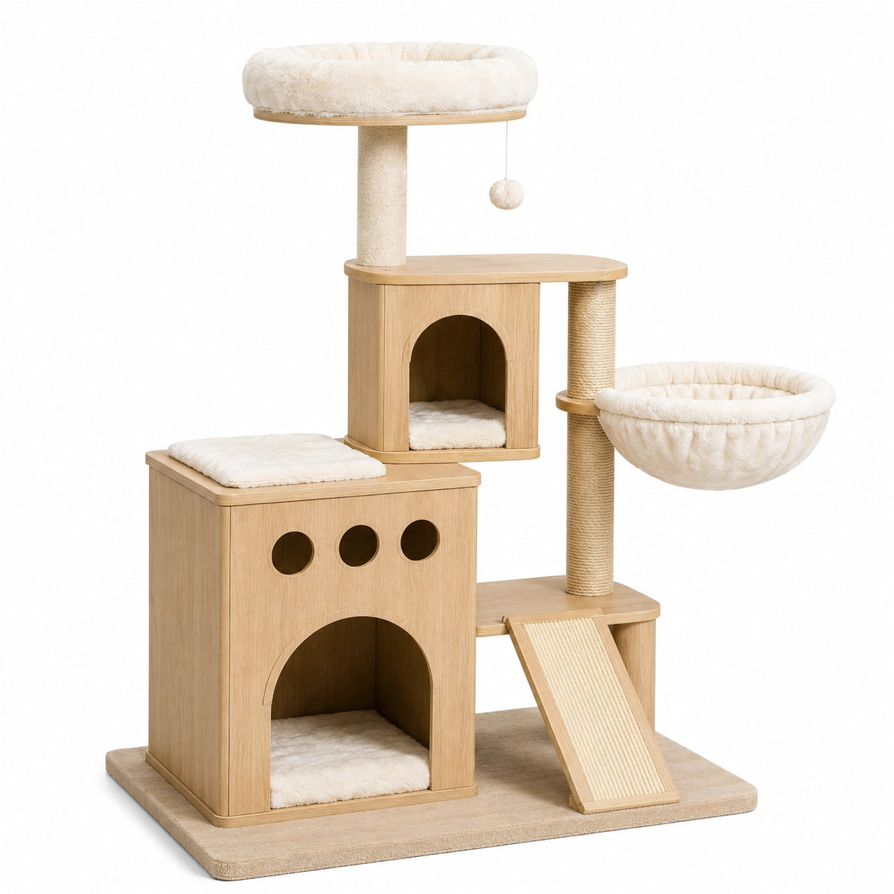 Arbre à chat 110 x 60 x 150 cm en bois beige avec griffoirs et niches
