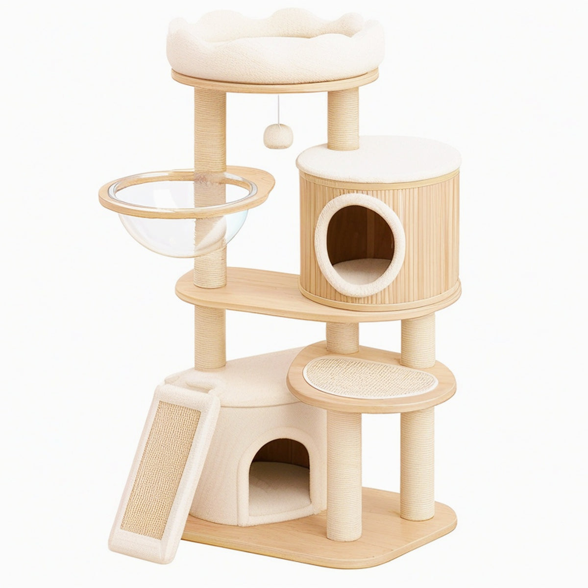 Arbre à chat 65 x 50 x 140 cm en bois beige avec griffoirs et niches