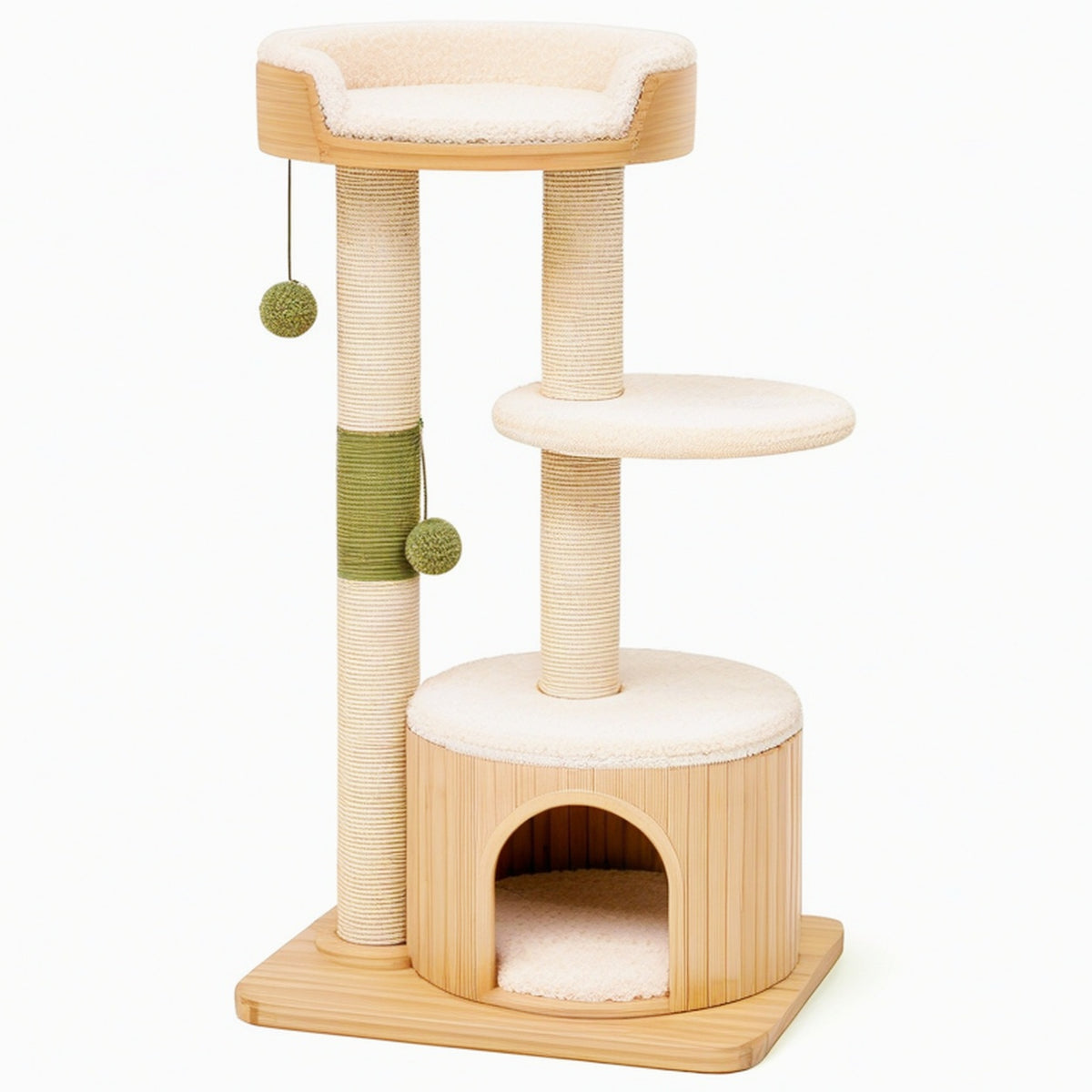 Arbre à chat 60 x 50 x 145 cm en bois beige et vert avec griffoirs et niche
