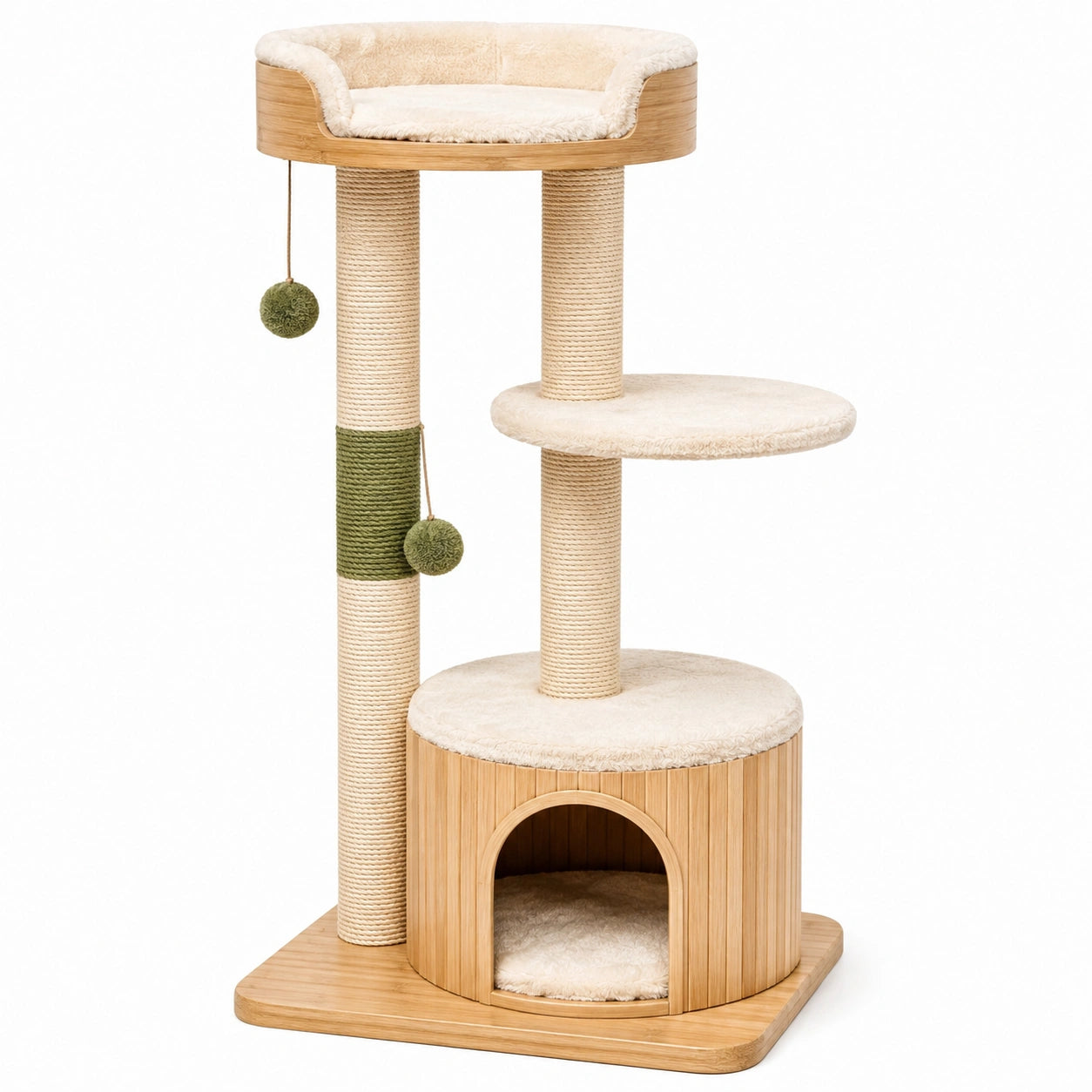 Arbre à chat 60 x 50 x 145 cm en bois beige et vert avec griffoirs et niche