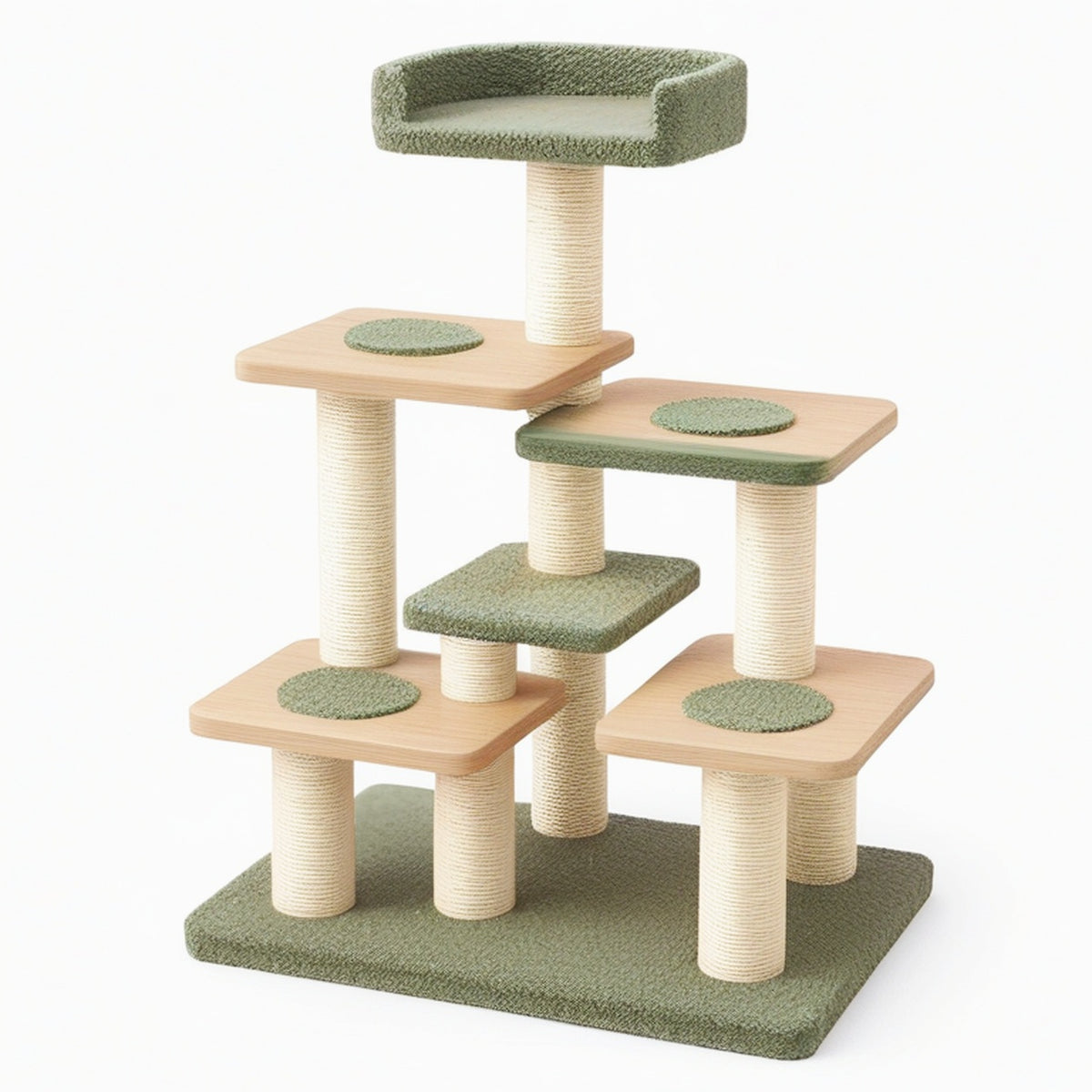 Arbre à chat 60 x 60 x 145 cm en bois et sisal vert avec plateformes et couchage