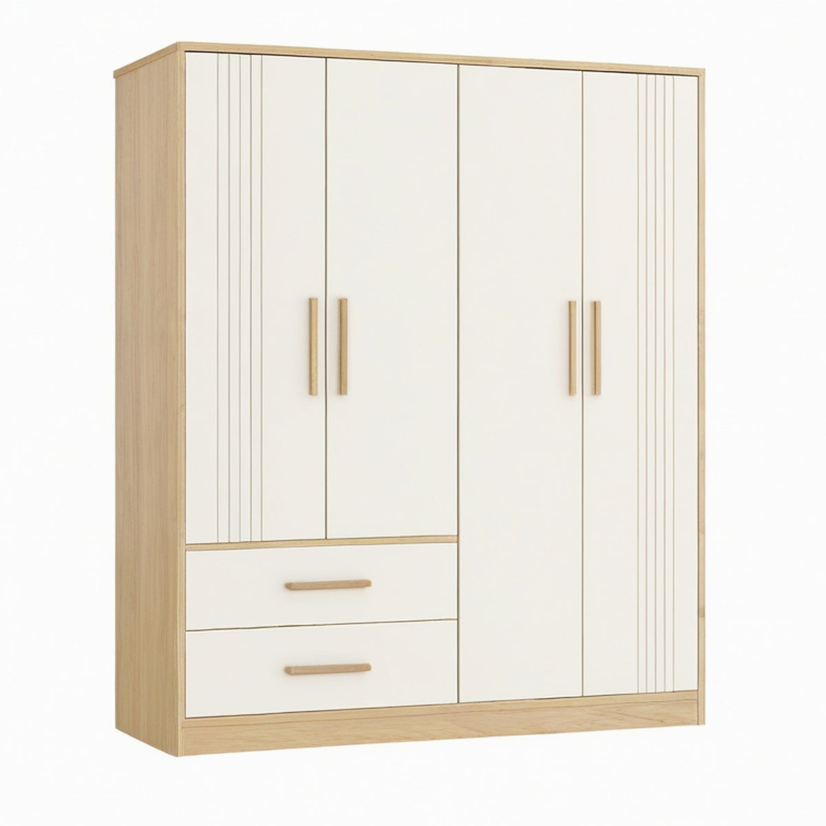 Armoire de rangement 180 x 52 x 200 cm en panneaux de bois blanc et chêne à 4 portes avec tiroirs style contemporain
