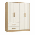 Armoire de rangement 180 x 52 x 200 cm en panneaux de bois blanc et chêne à 4 portes avec tiroirs style contemporain