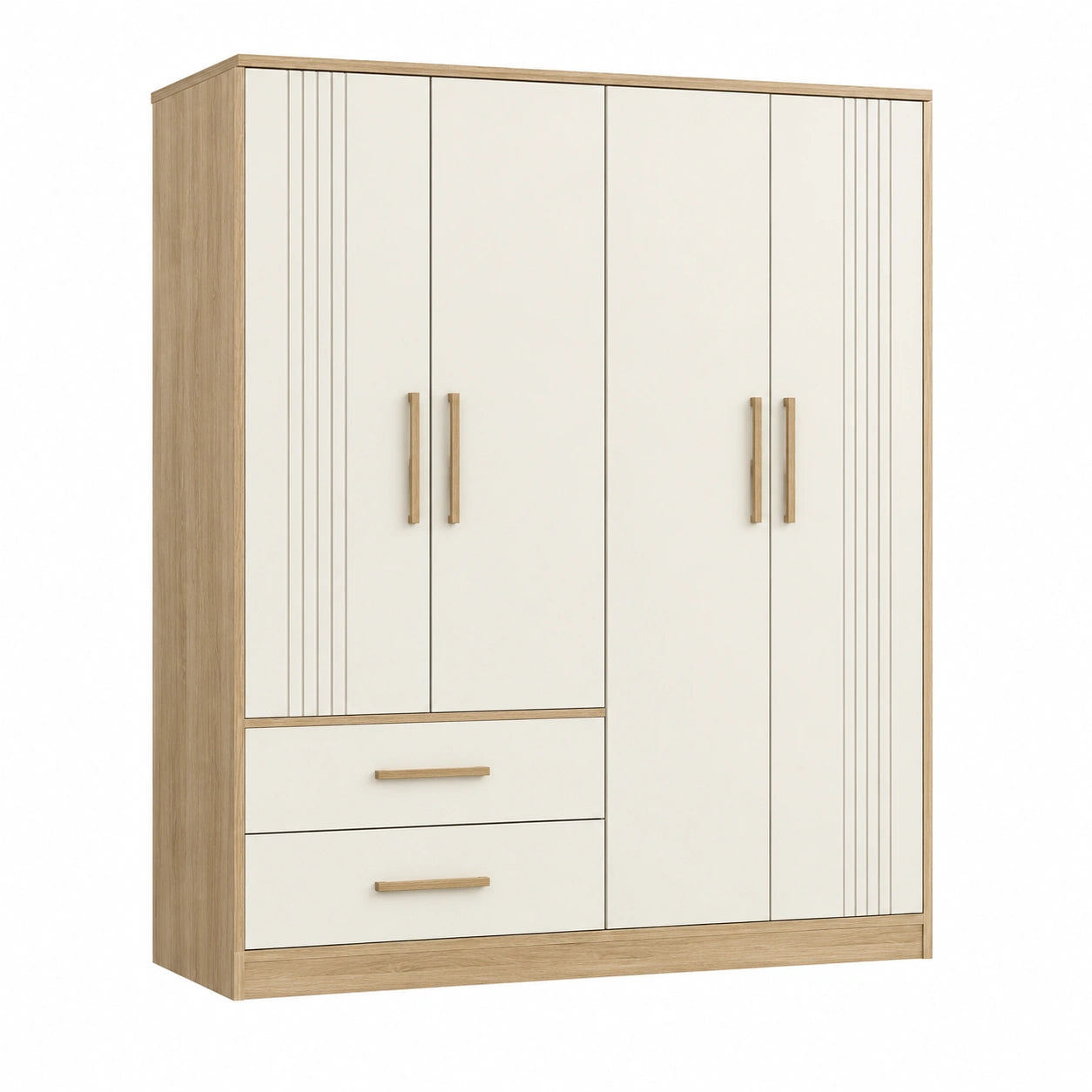 Armoire de rangement 180 x 52 x 200 cm en panneaux de bois blanc et chêne à 4 portes avec tiroirs style contemporain