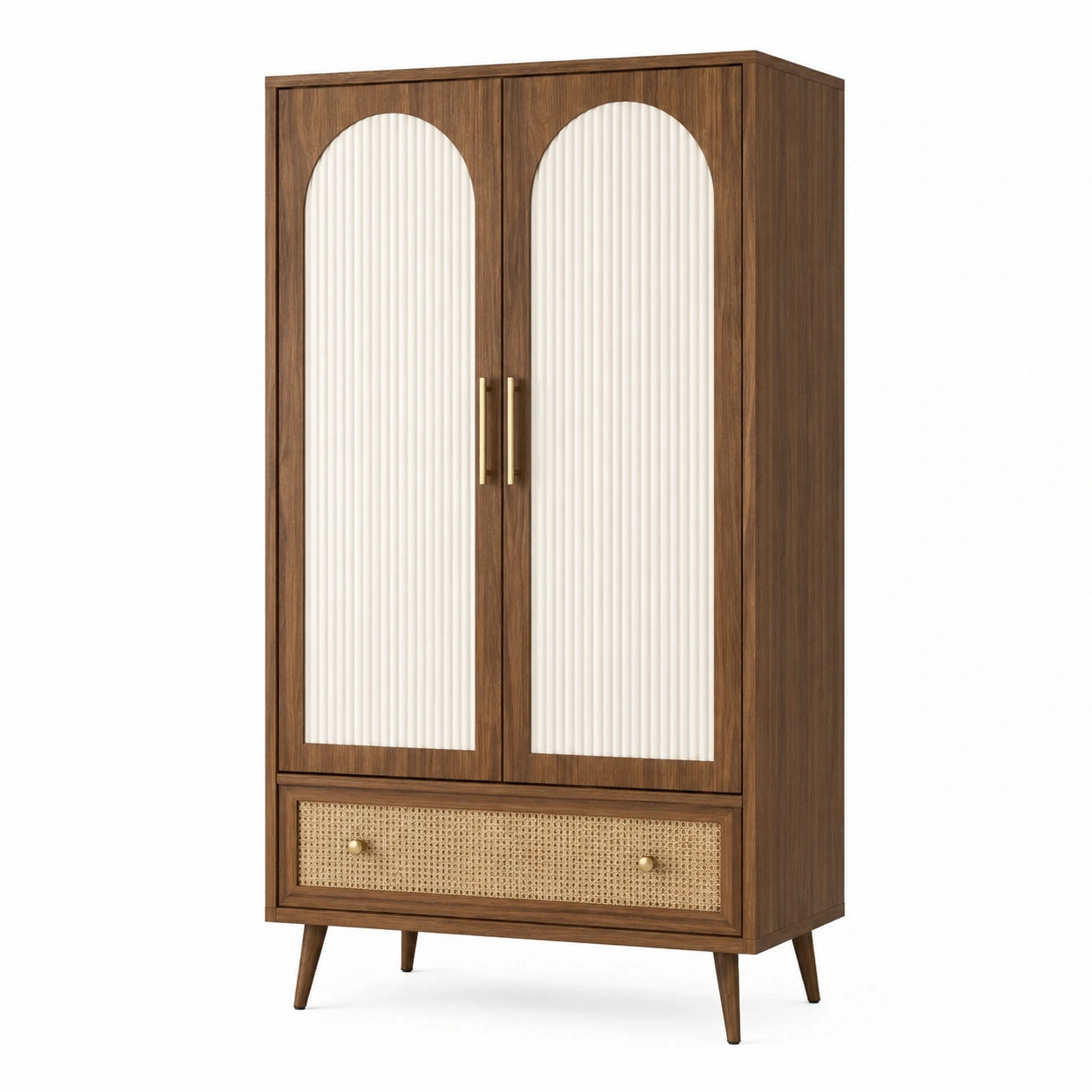 Armoire 100 x 55 x 190 cm en panneaux décor bois noyer blanc avec tiroir style rétro
