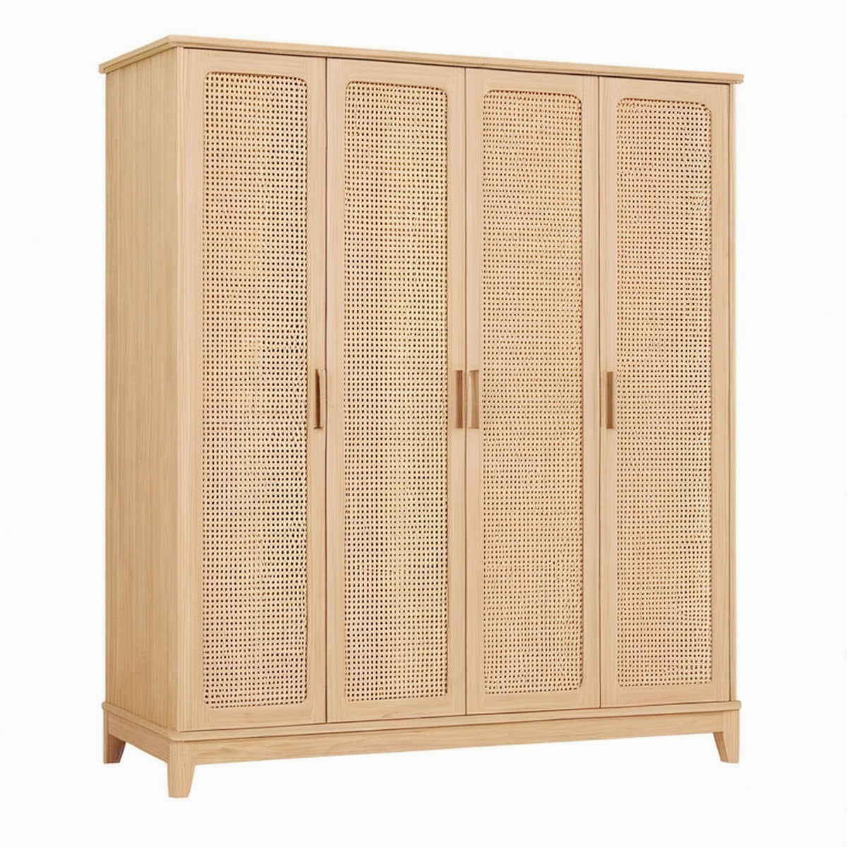 Armoire 200 x 60 x 200 cm en bois naturel et cannage - rangement 4 portes