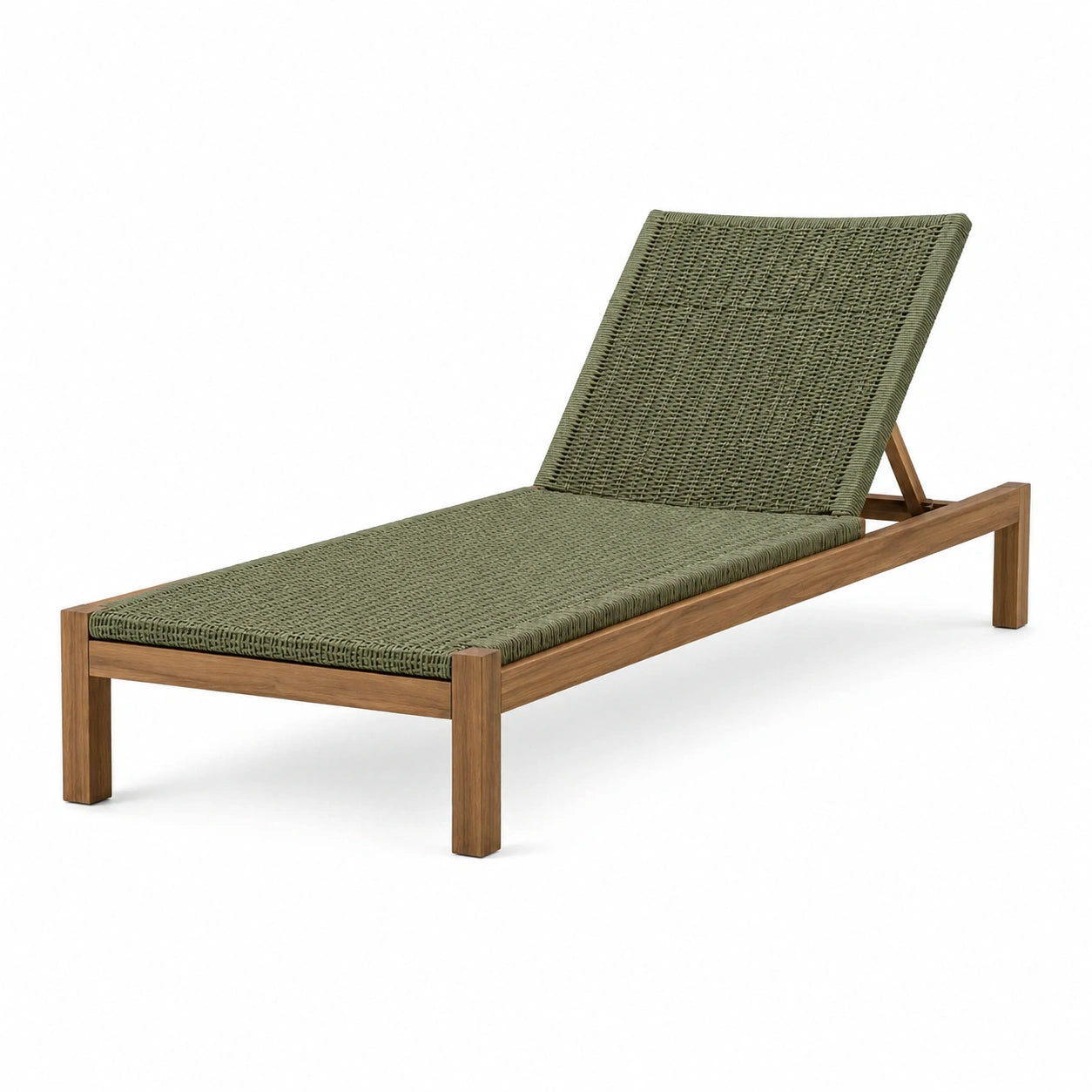 Bain de soleil 200 x 70 x 35 cm en bois massif et corde tressée vert olive à dossier réglable