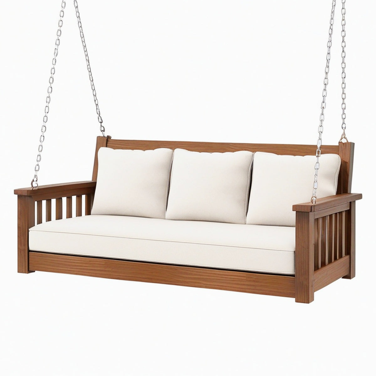 Balancelle de jardin 180 x 70 x 65 cm en bois brun avec chaînes métalliques style classique