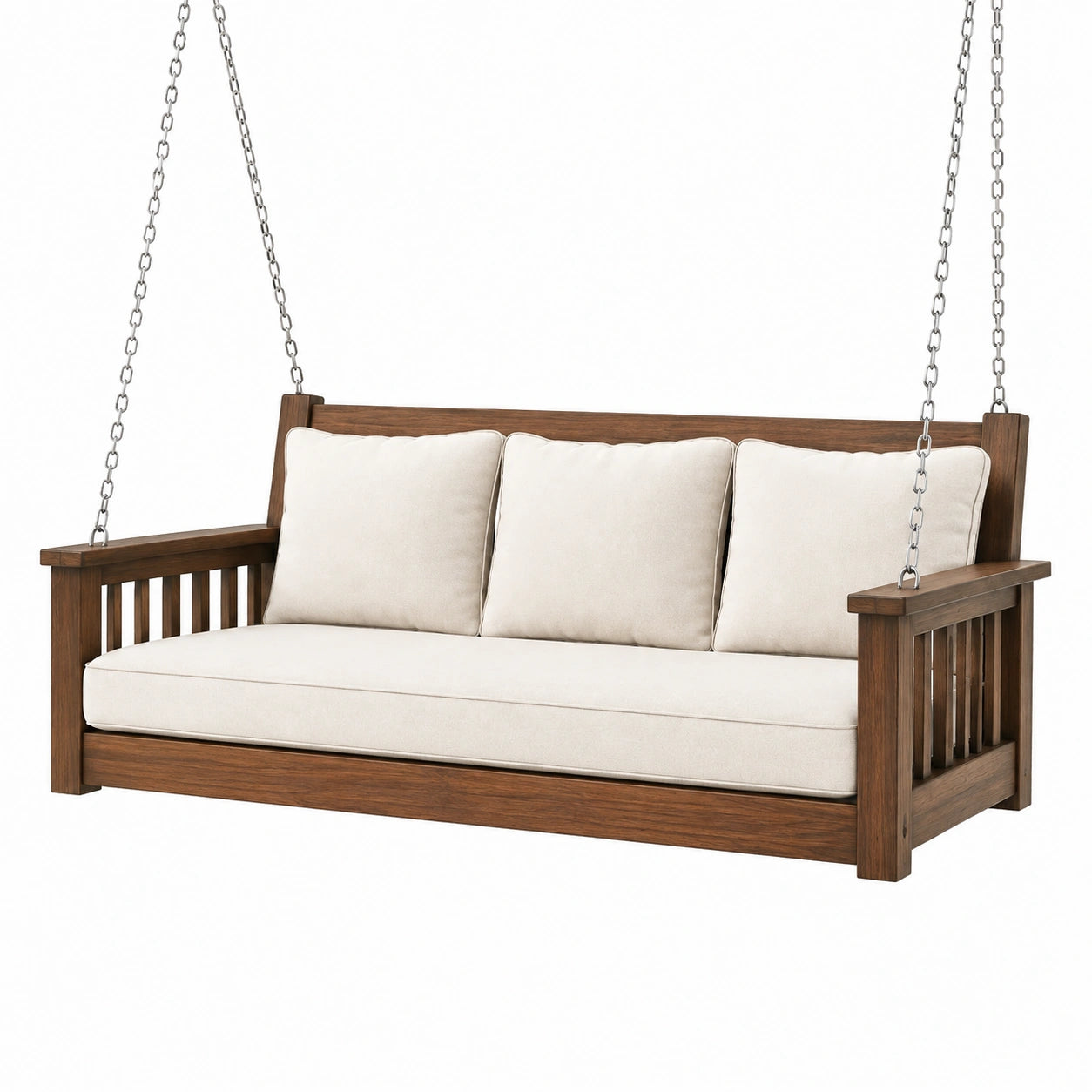 Balancelle de jardin 180 x 70 x 65 cm en bois brun avec chaînes métalliques style classique