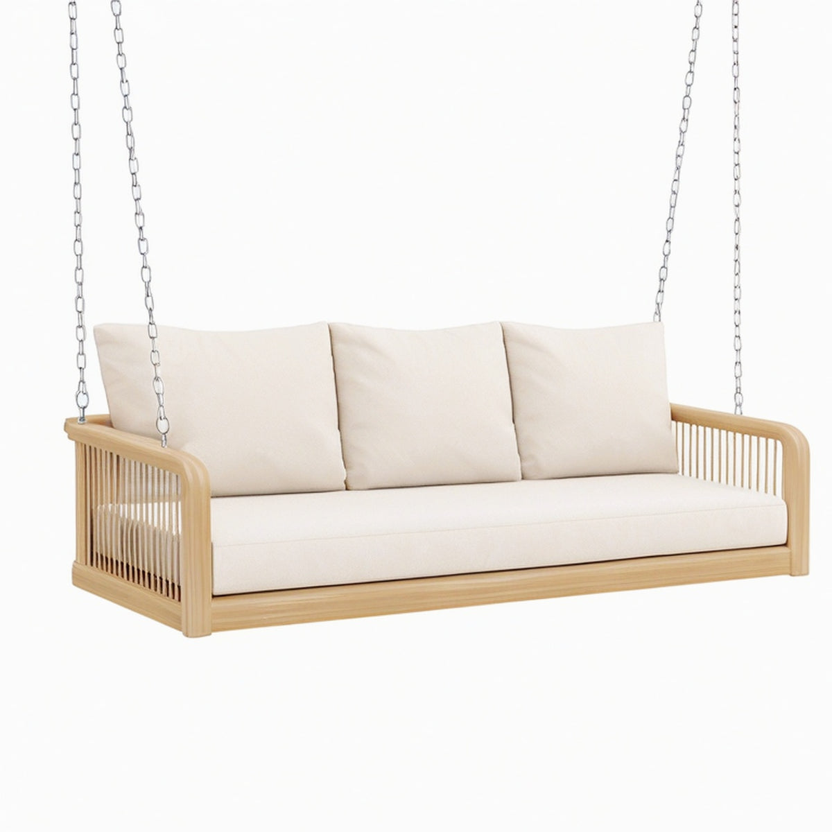 Canapé balancelle suspendu 170 x 75 x 65 cm bois naturel beige avec chaînes métalliques style contemporain