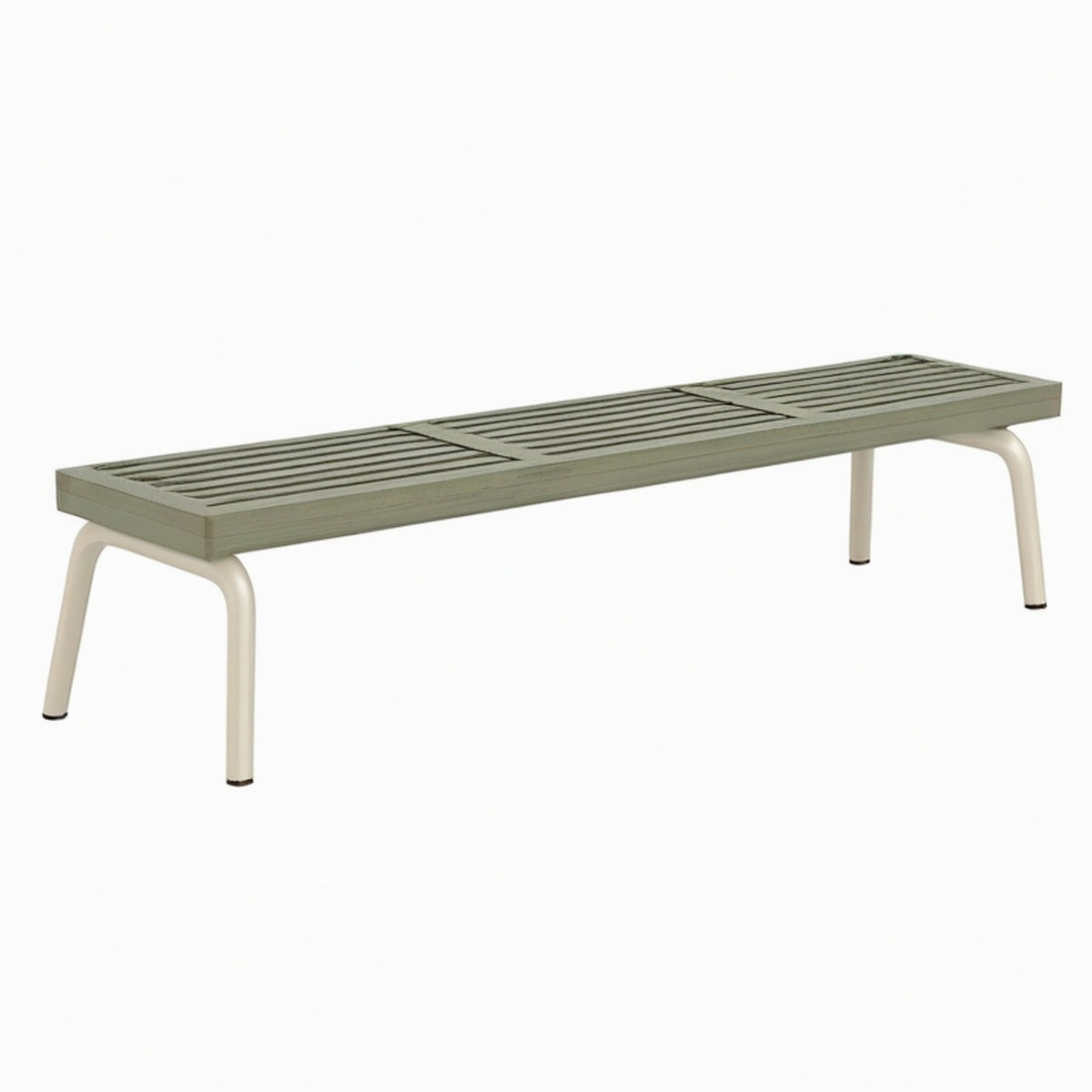 Banc de jardin 180 cm en bois vert et métal - assise à lattes contemporaine