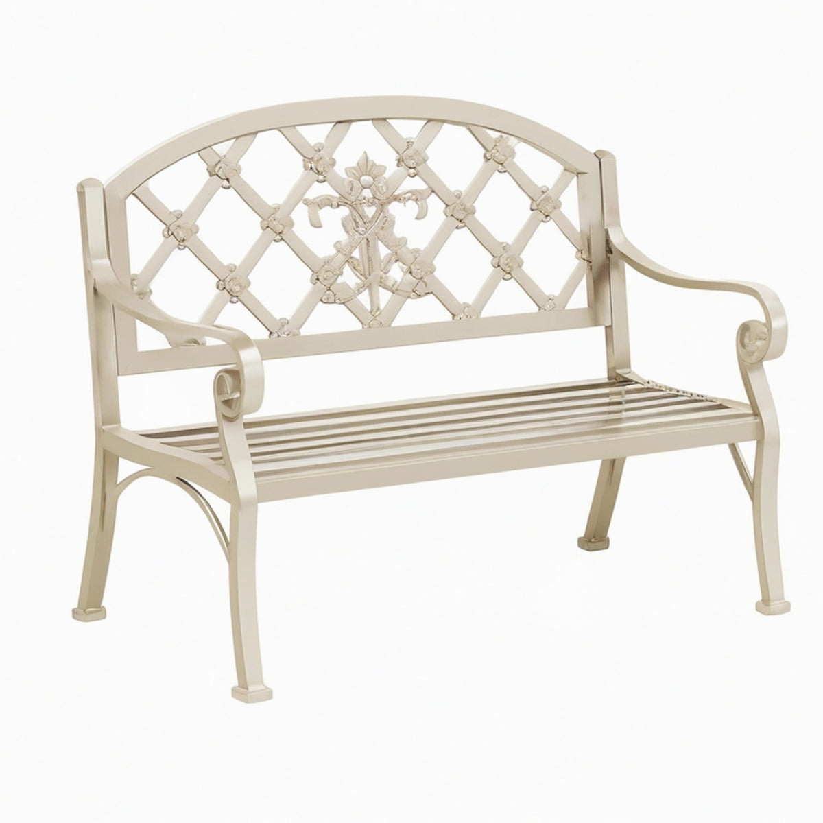 Banc de jardin 127 x 61 x 93 cm en acier crème à motif floral classique