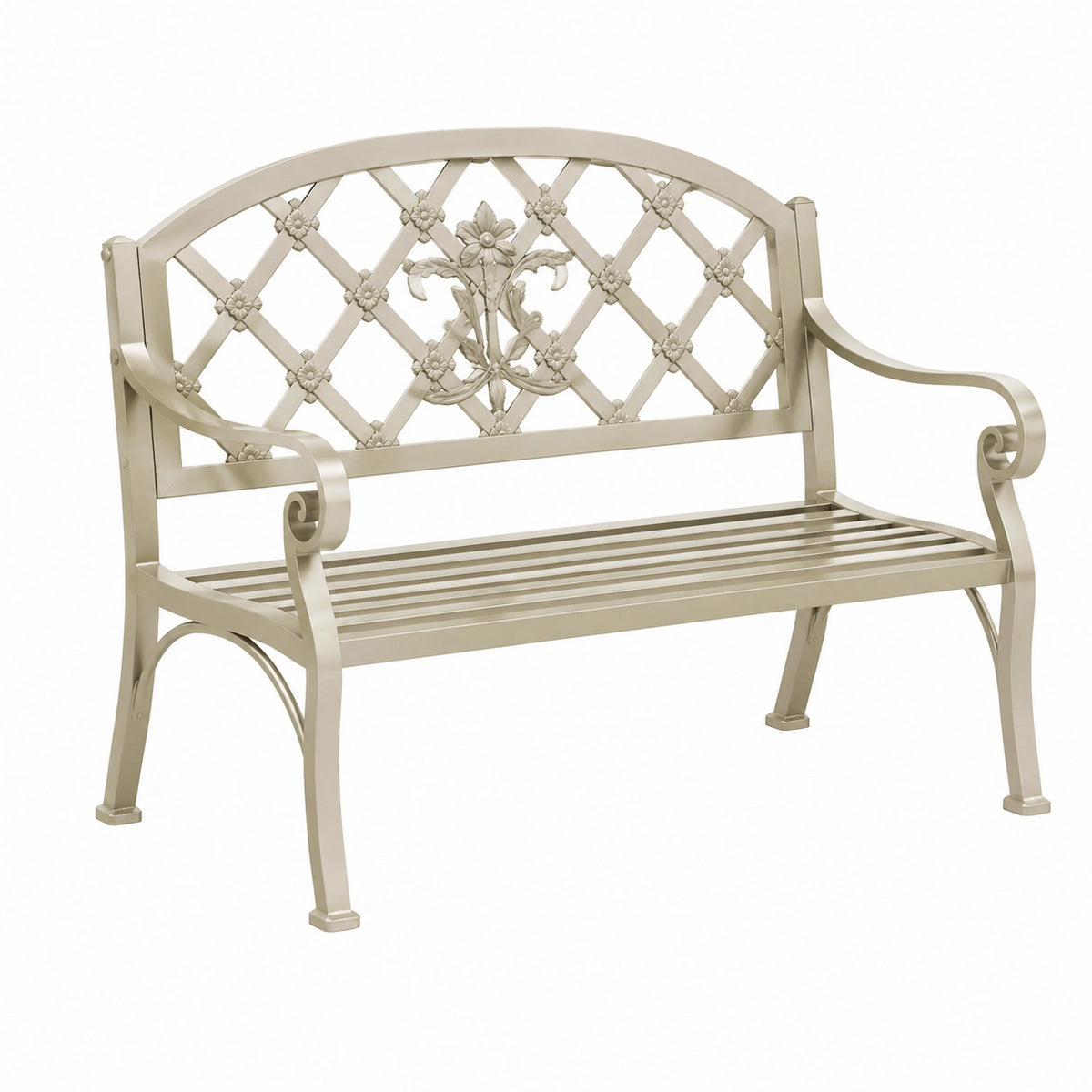 Banc de jardin 127 x 61 x 93 cm en acier crème à motif floral classique