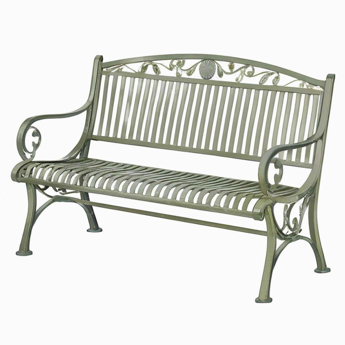 Banc de jardin 122 x 65 x 91 cm en métal vert style classique à motif floral