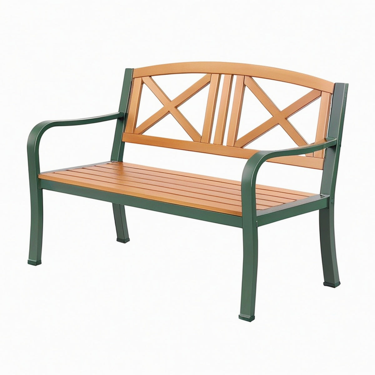 Banc de jardin 122 x 62 x 88 cm en métal et bois vert et marron à lattes style classique